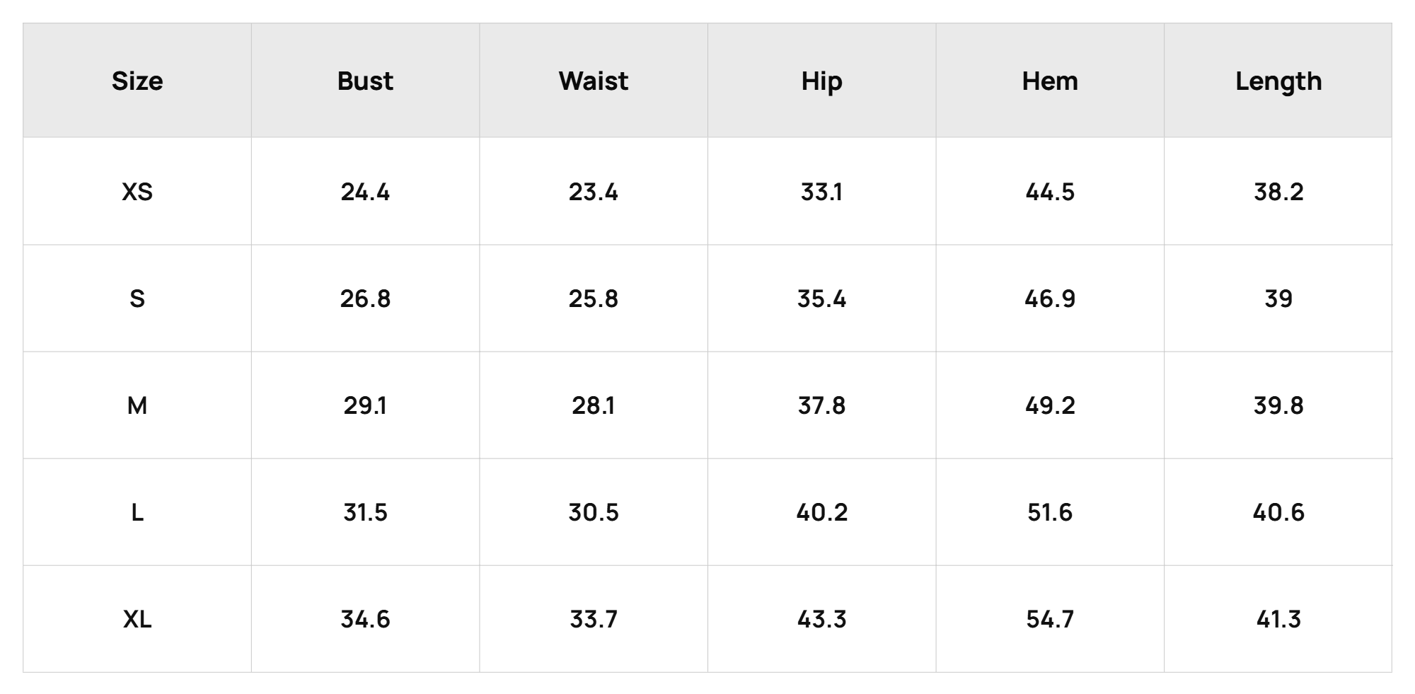 Size Chart Us Product