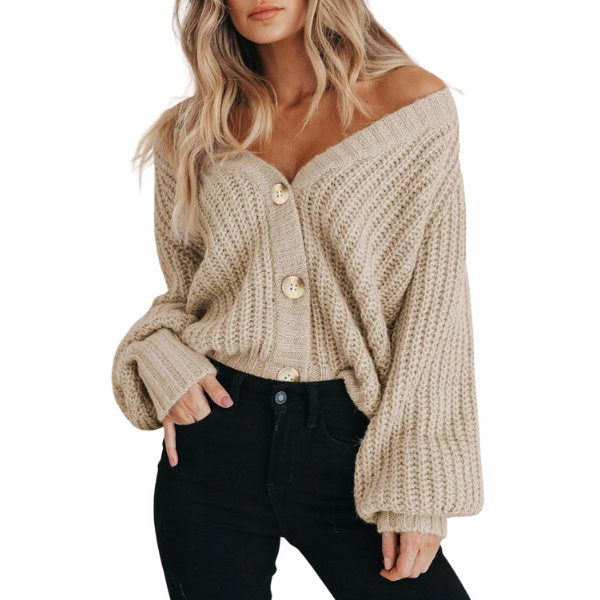 Women's Chunky Knit Open Front Sweater Long Sleeve Button Loose Short Cardigan Outerwear Coats