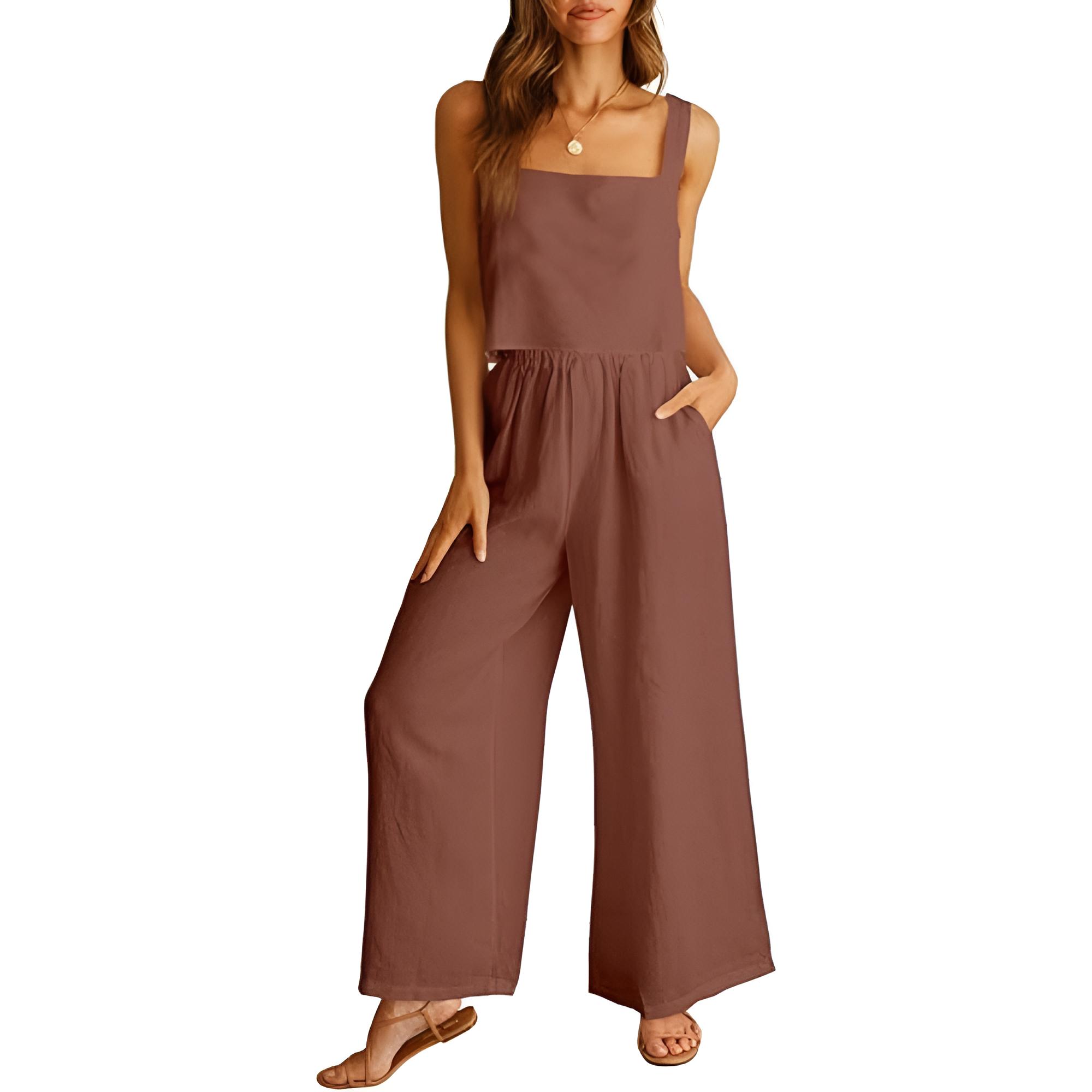 2 Piece Linen Pants Jumpsuit Matching Lounge Set For Women