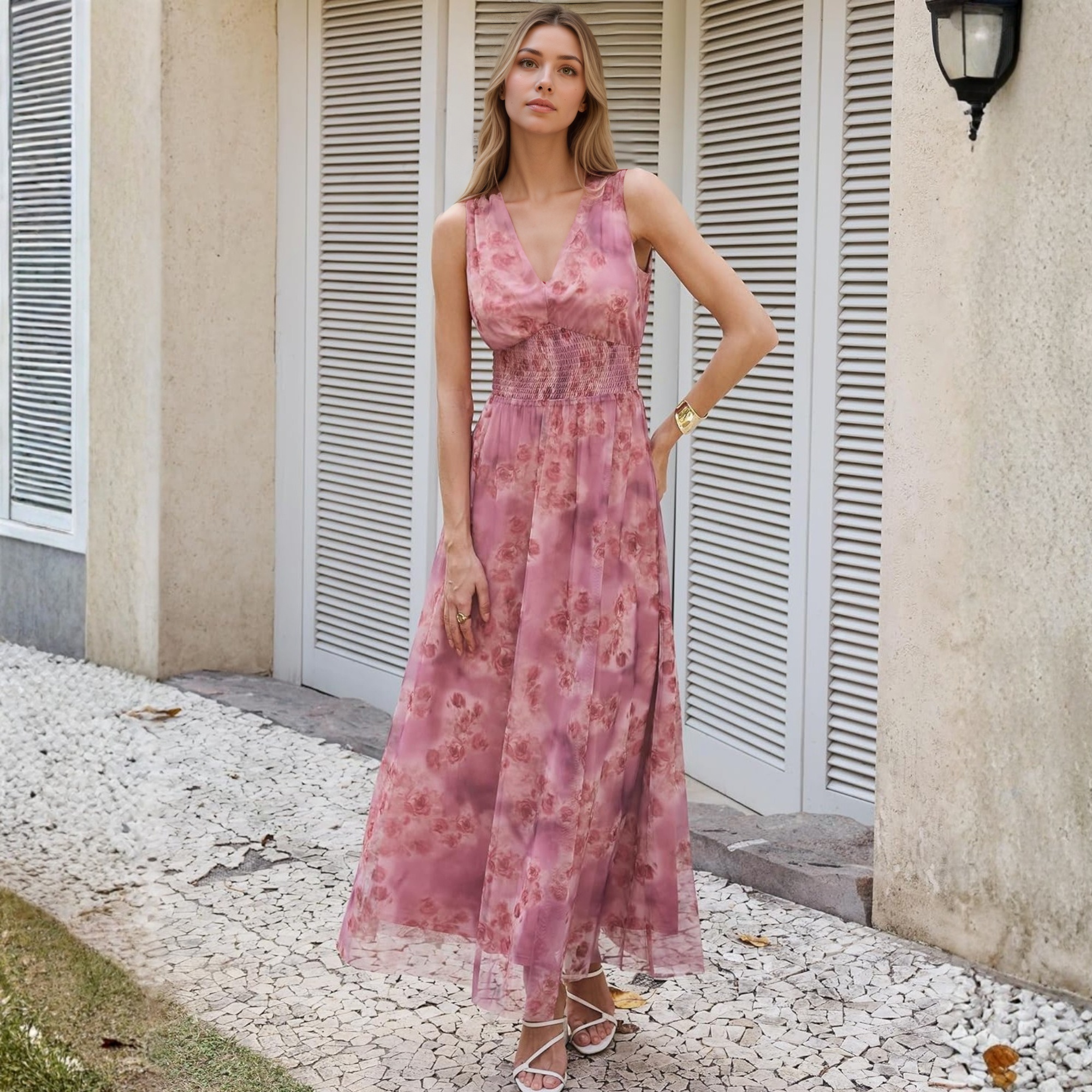 Elegant Women Floral Tulle Maxi Dress For Summer Wedding