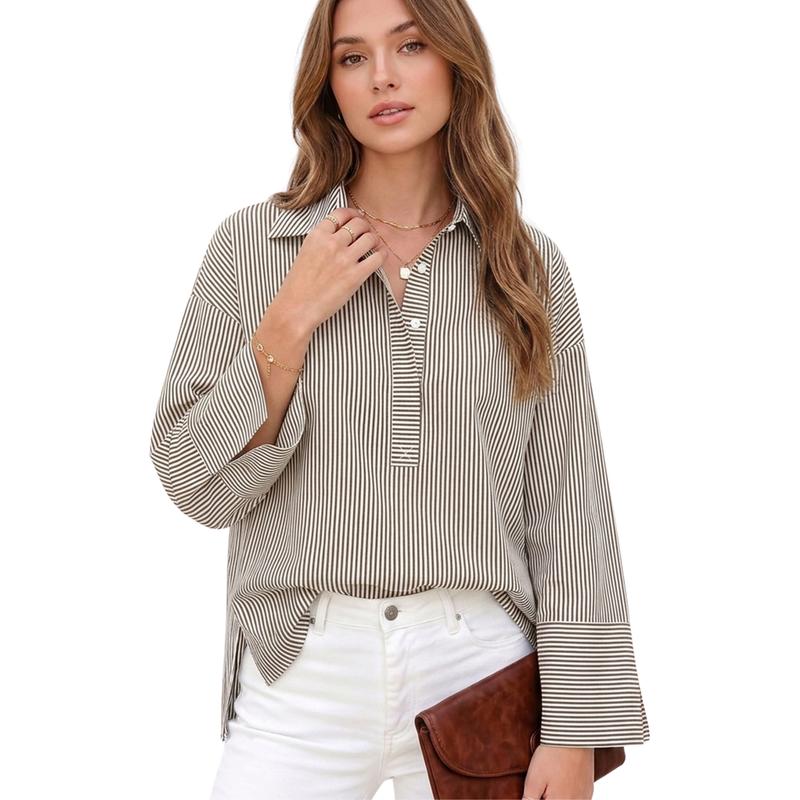 Striped Oversized Collared Button Down Casual Top for Women