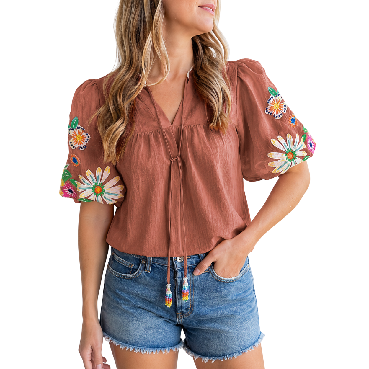Casual Embroidered Tops V Floral Short Puff Sleeve 