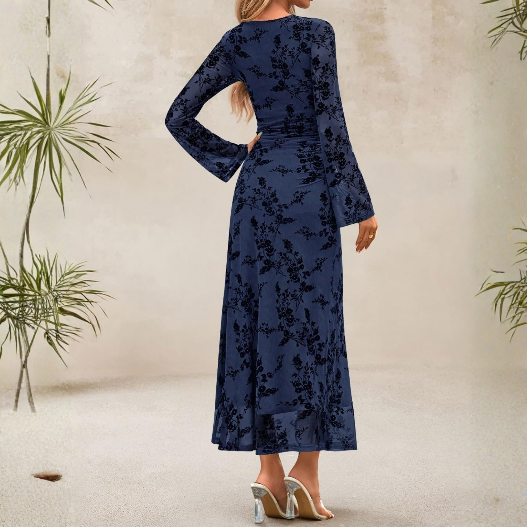 Spring Fall Floral Ruched Mesh Maxi Dress