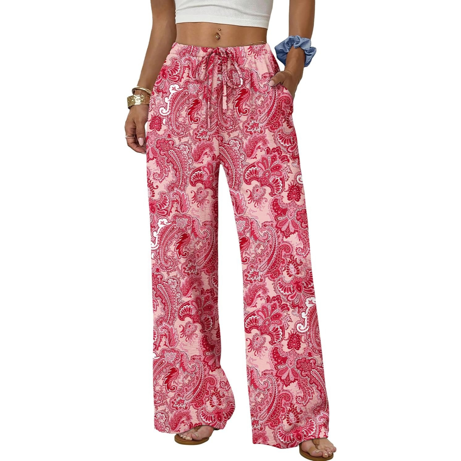 Wide Pants for Women Flowy Palazzo Drawstring Elastic Trousers with Pockets Summer Beach Vacation Clothes