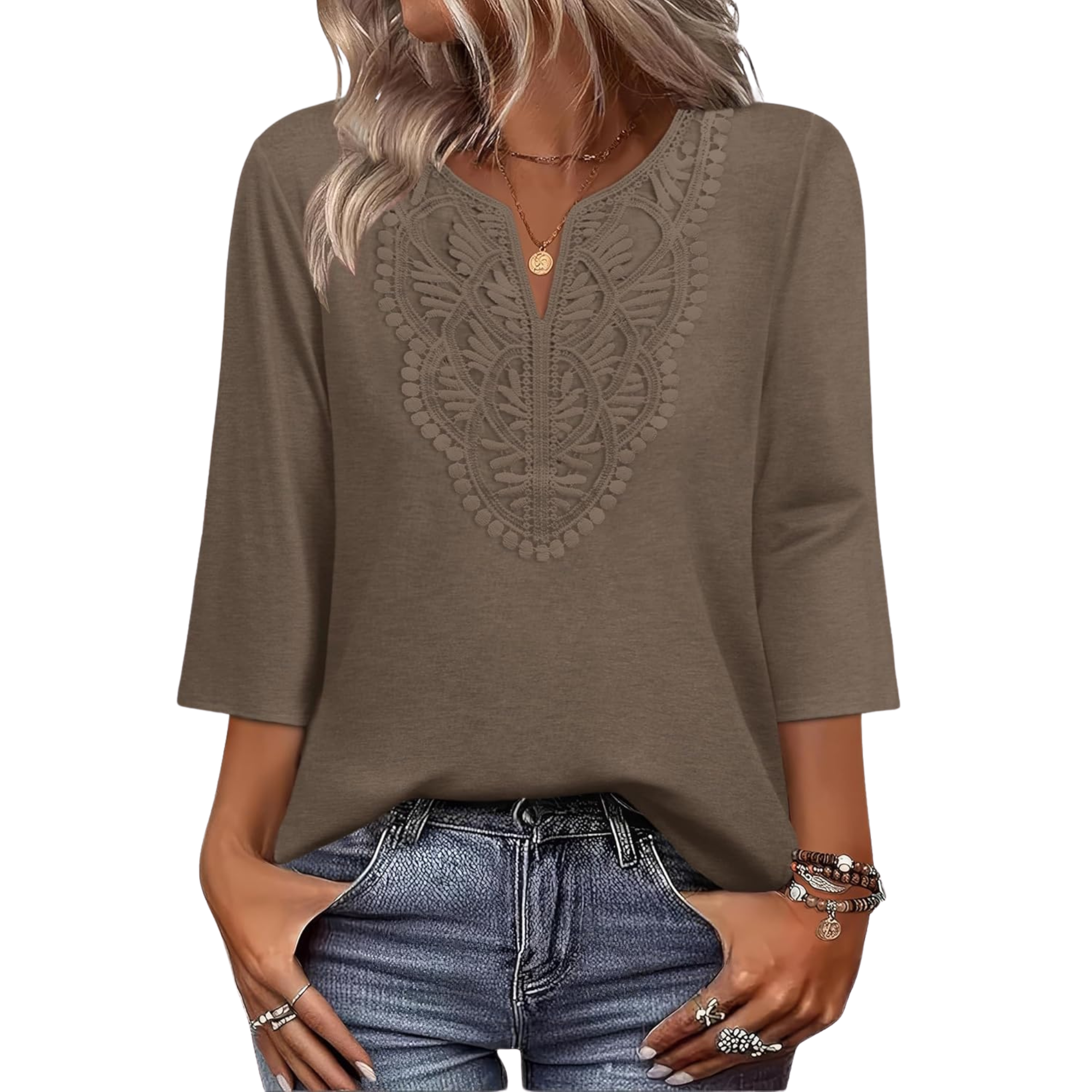  Length Sleeve Womens Tops Boho V Neck Lace Shirt Trendy Blouses Dressy Casual Vacation
