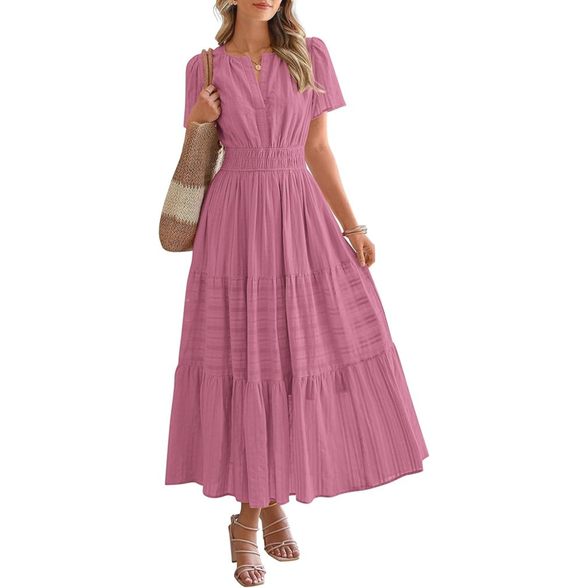 Womens Summer 2026 Casual Midi Maxi Dresses Lightweight Short Sleeve V Neck Elastic Waist Boho Beach Dress Pockets