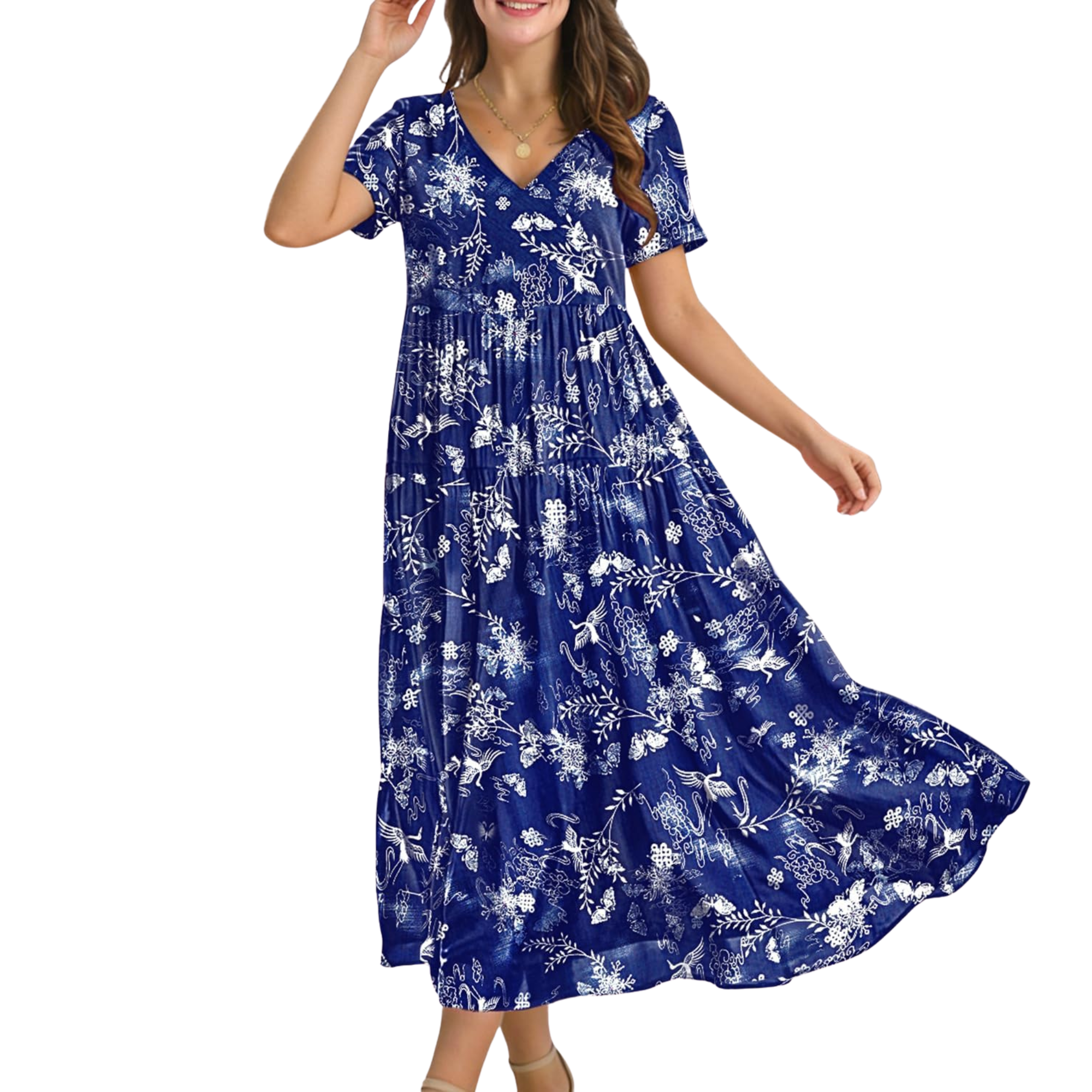 Floral V Neck Boho Maxi Swing Dress with Pockets