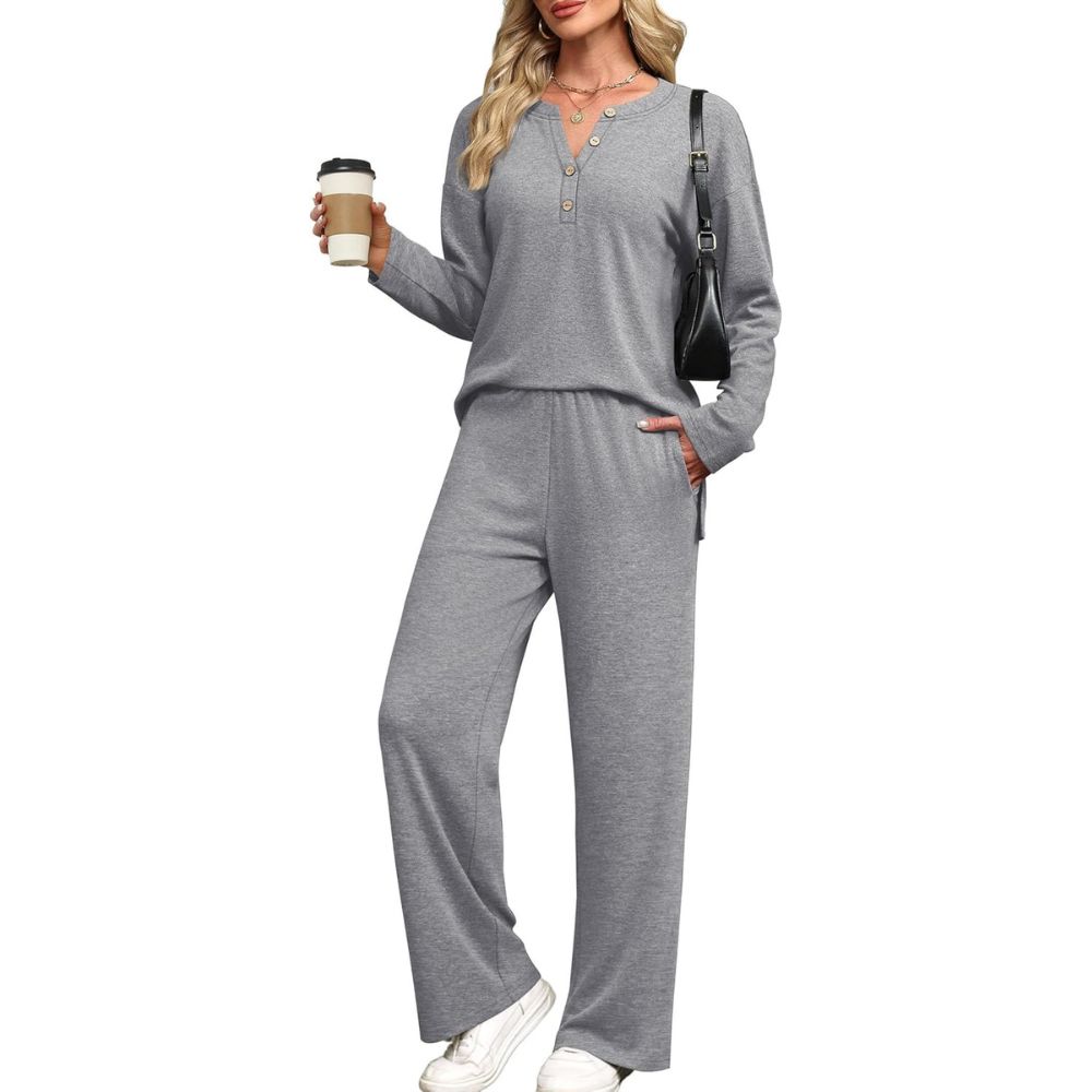 Lounge Sets for Women 2 Piece V Neck Button Matching Sweatsuit Loungewear
