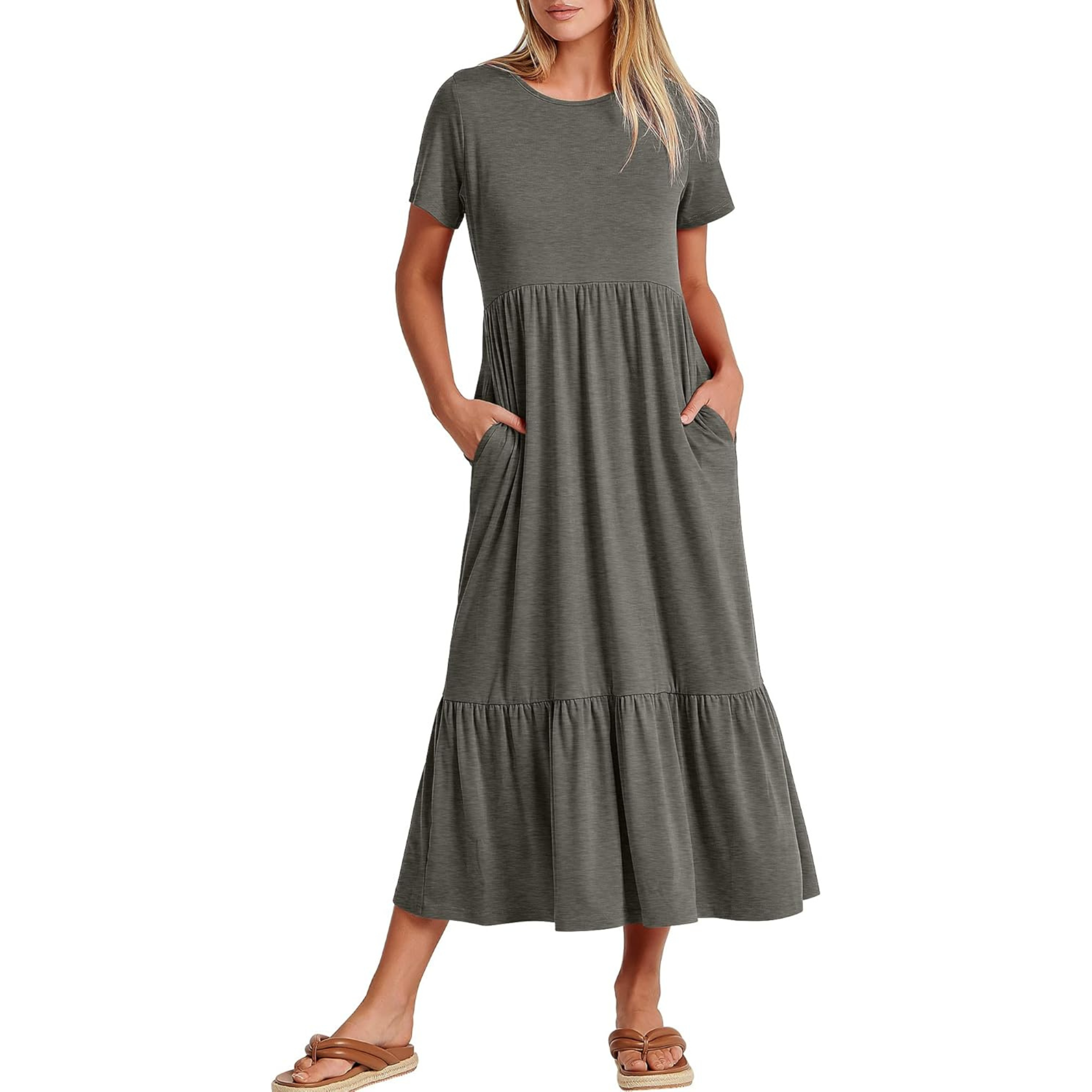 Casual Tiered Maxi T Shirt Dress with Pockets