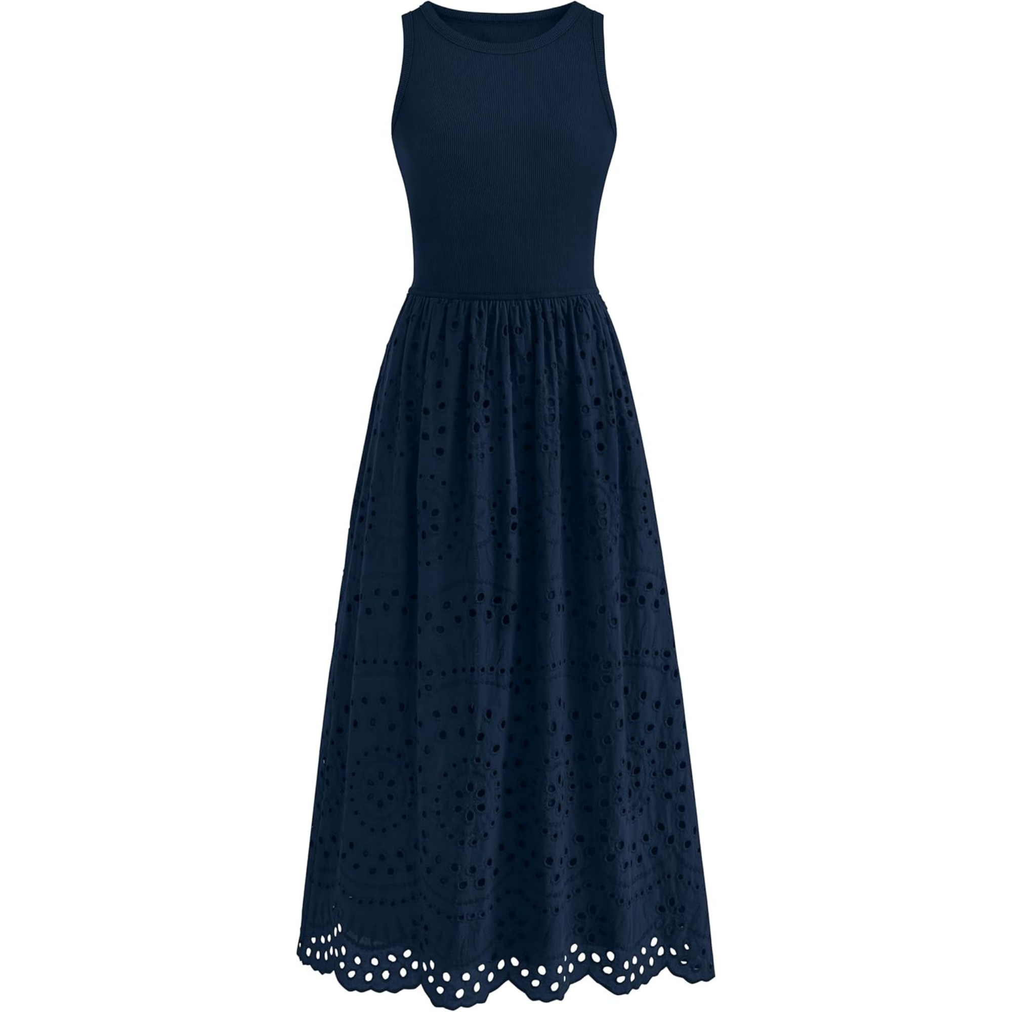 Sleeveless Eyelet Cotton Tank Maxi Dress with Pockets