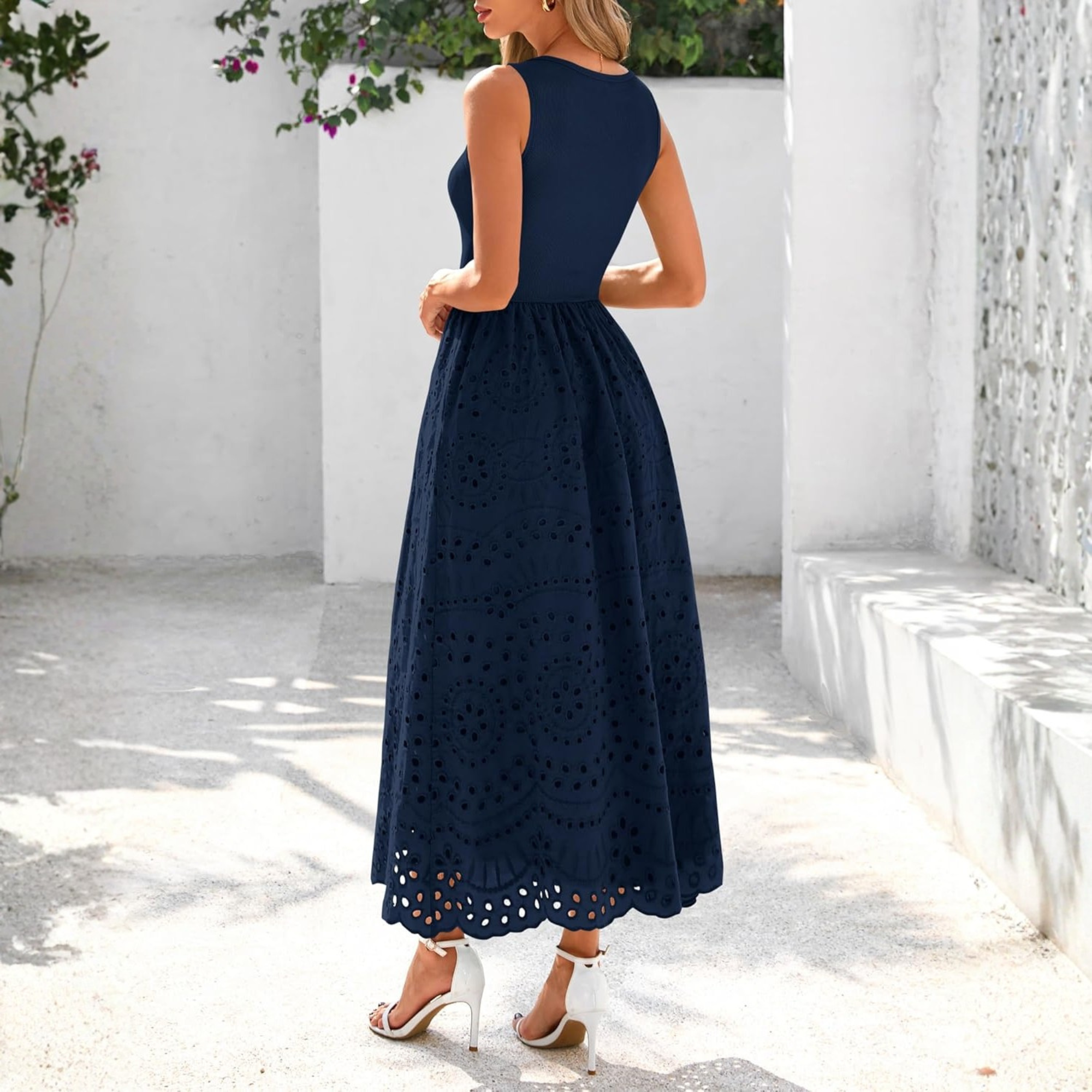 Sleeveless Eyelet Cotton Tank Maxi Dress with Pockets