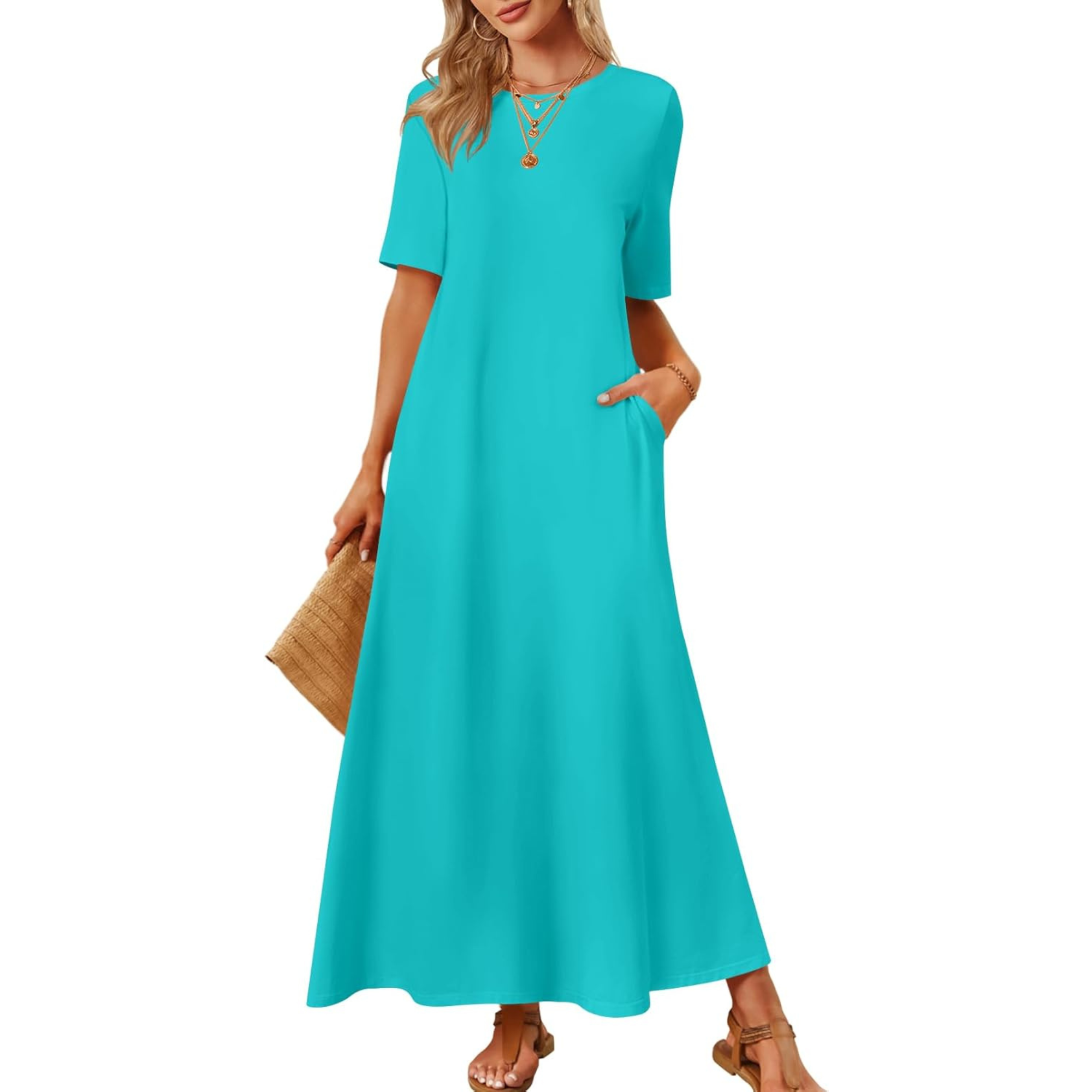 Women Summer Vacation Maxi T Shirt Dress With Pockets