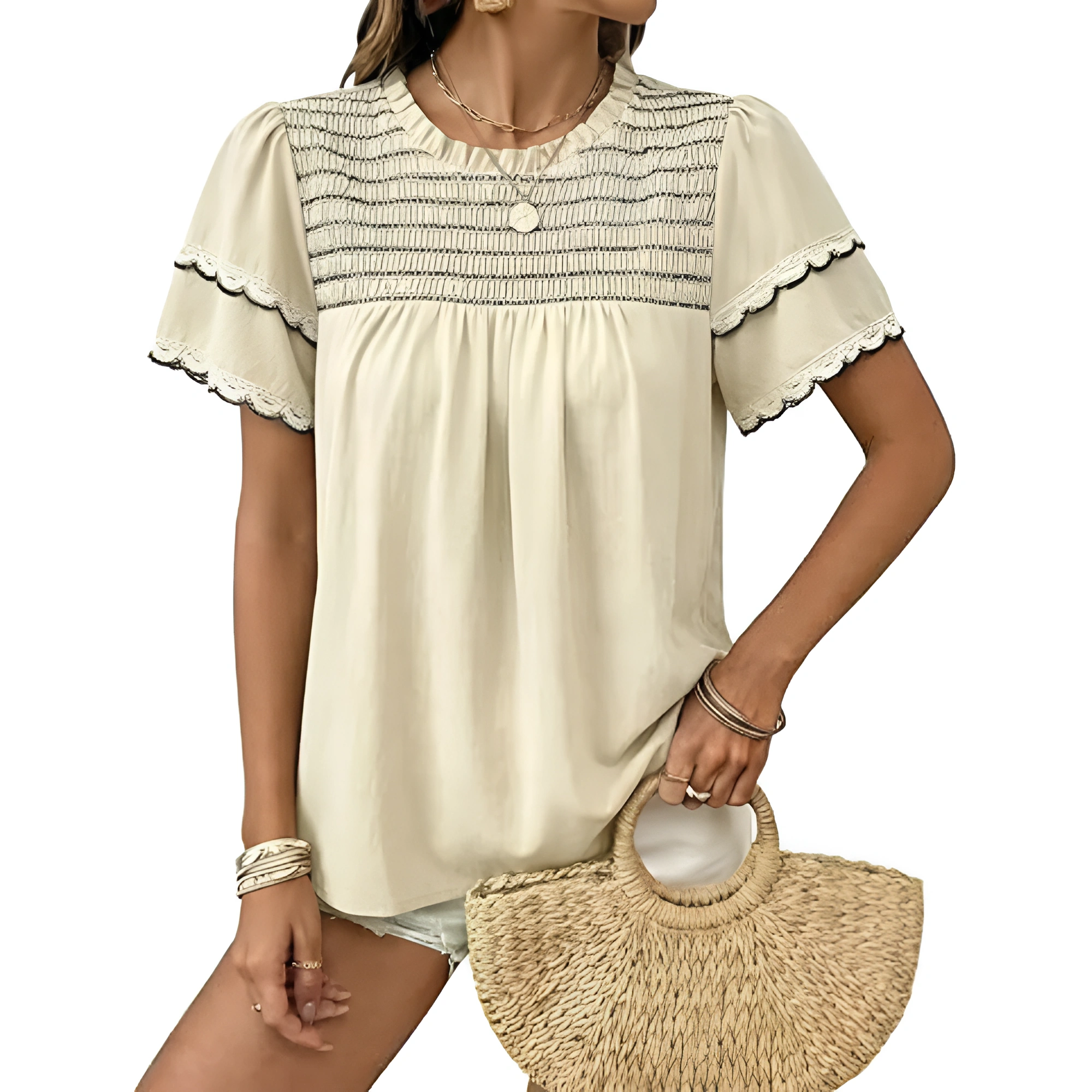 Women Summer Tops Crewneck Ruffle Short Sleeve Casual Pleated Blouses