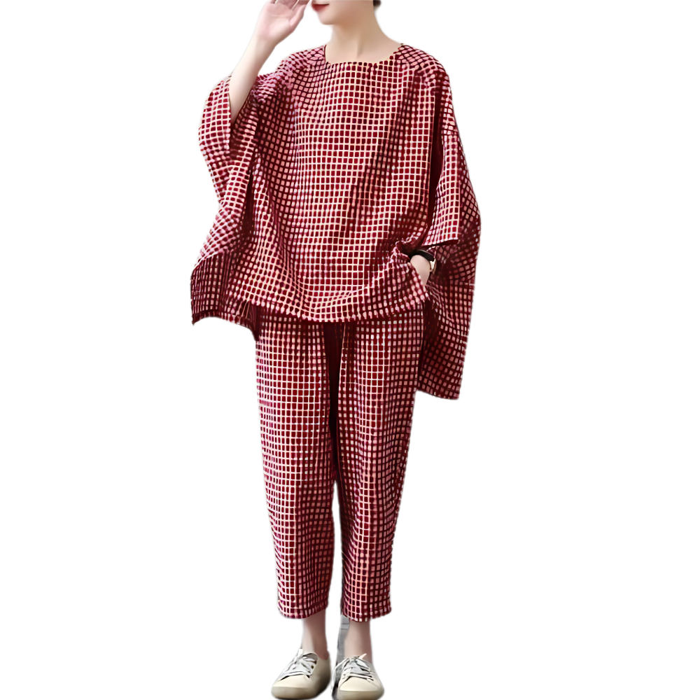 Womens Gingham Loose Fit Loungewear Set-My Comfy Blouse