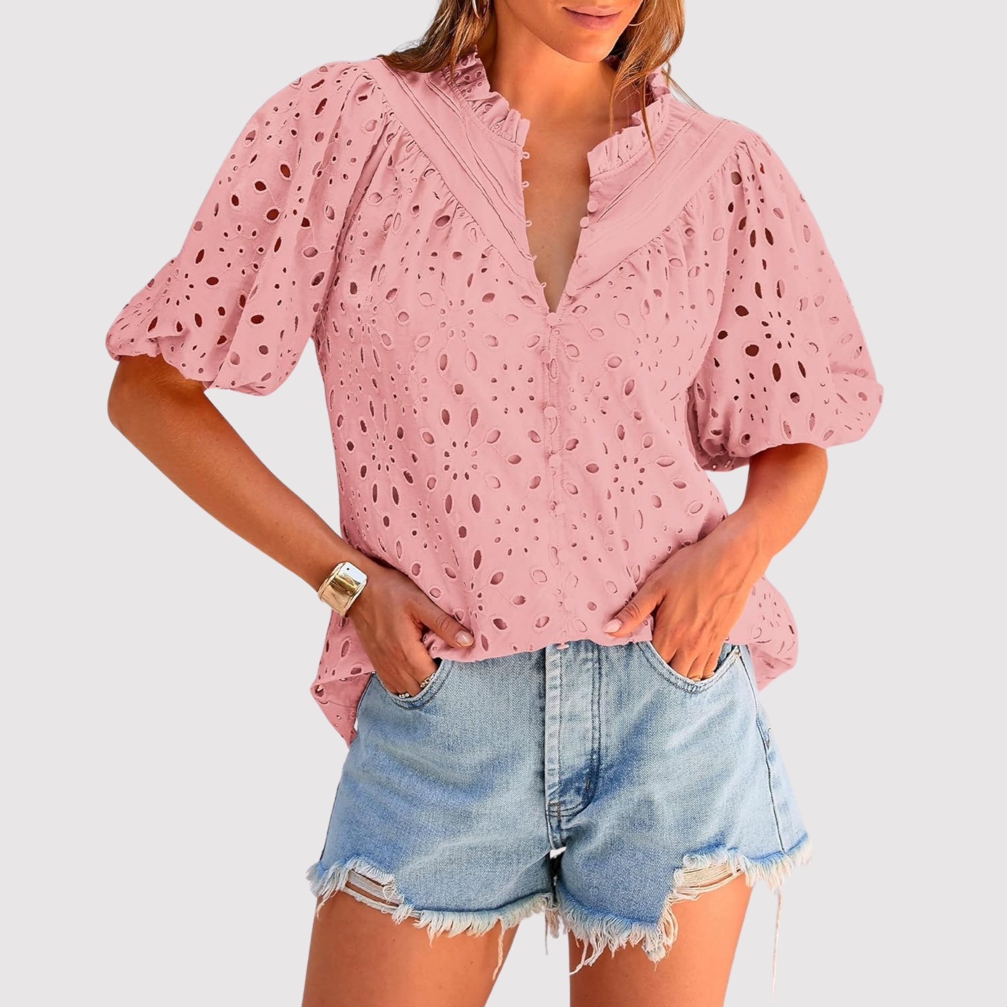 Eyelet Embroidery Sleeve Button Front Style Puff Top 