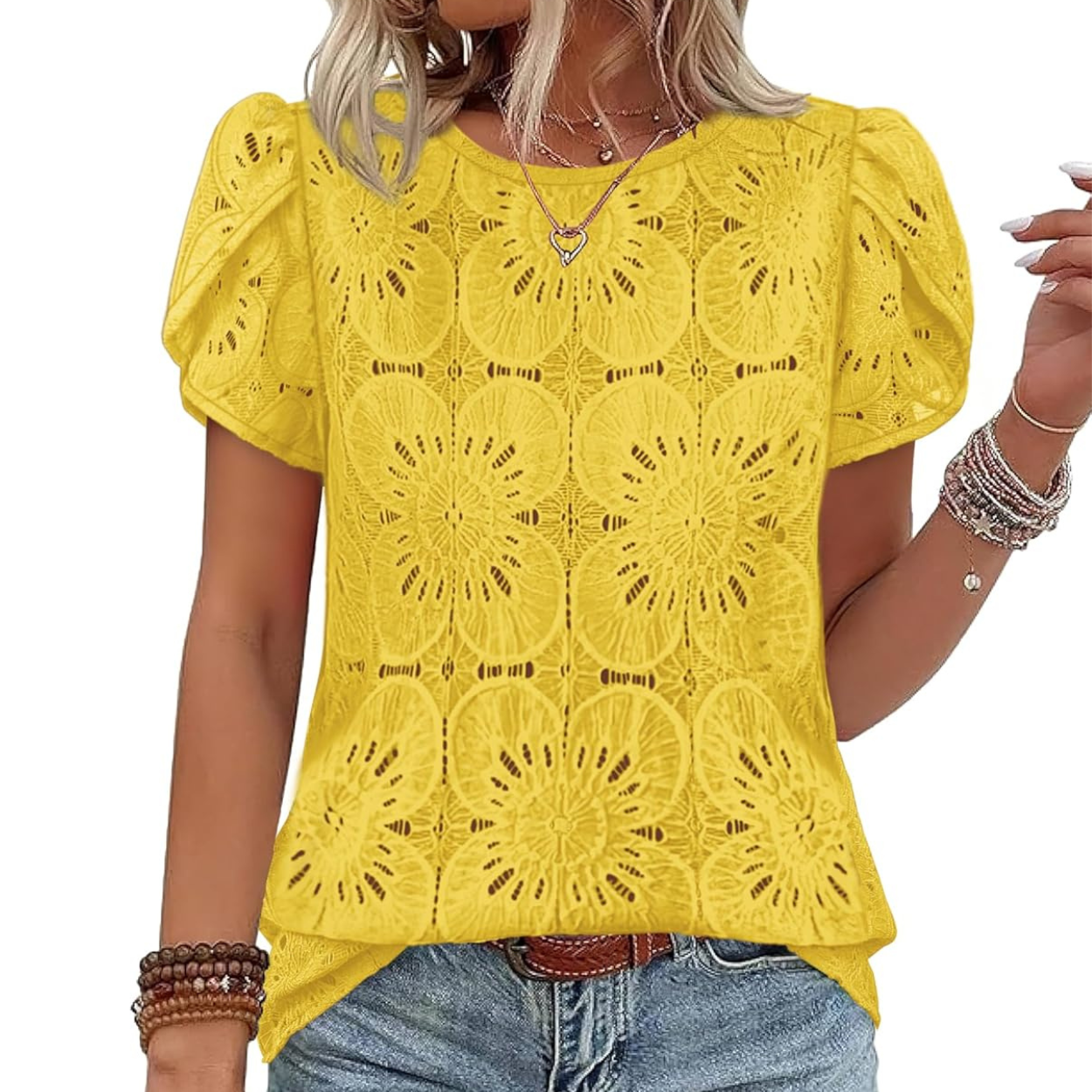 Casual Crochet Petal Short Sleeve Shirt Blouse For Women