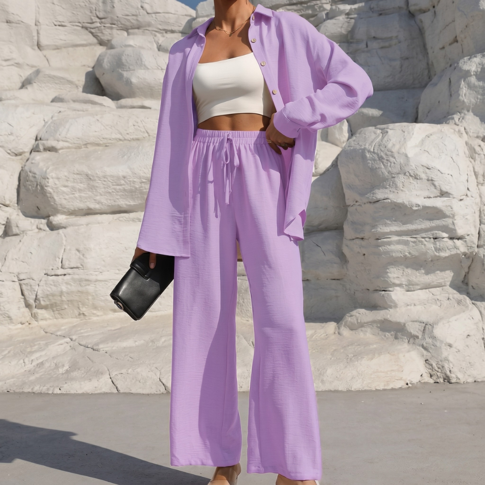 Casual 2 Piece Long Sleeve Shirt And Wide Fit Trouser Set For Women