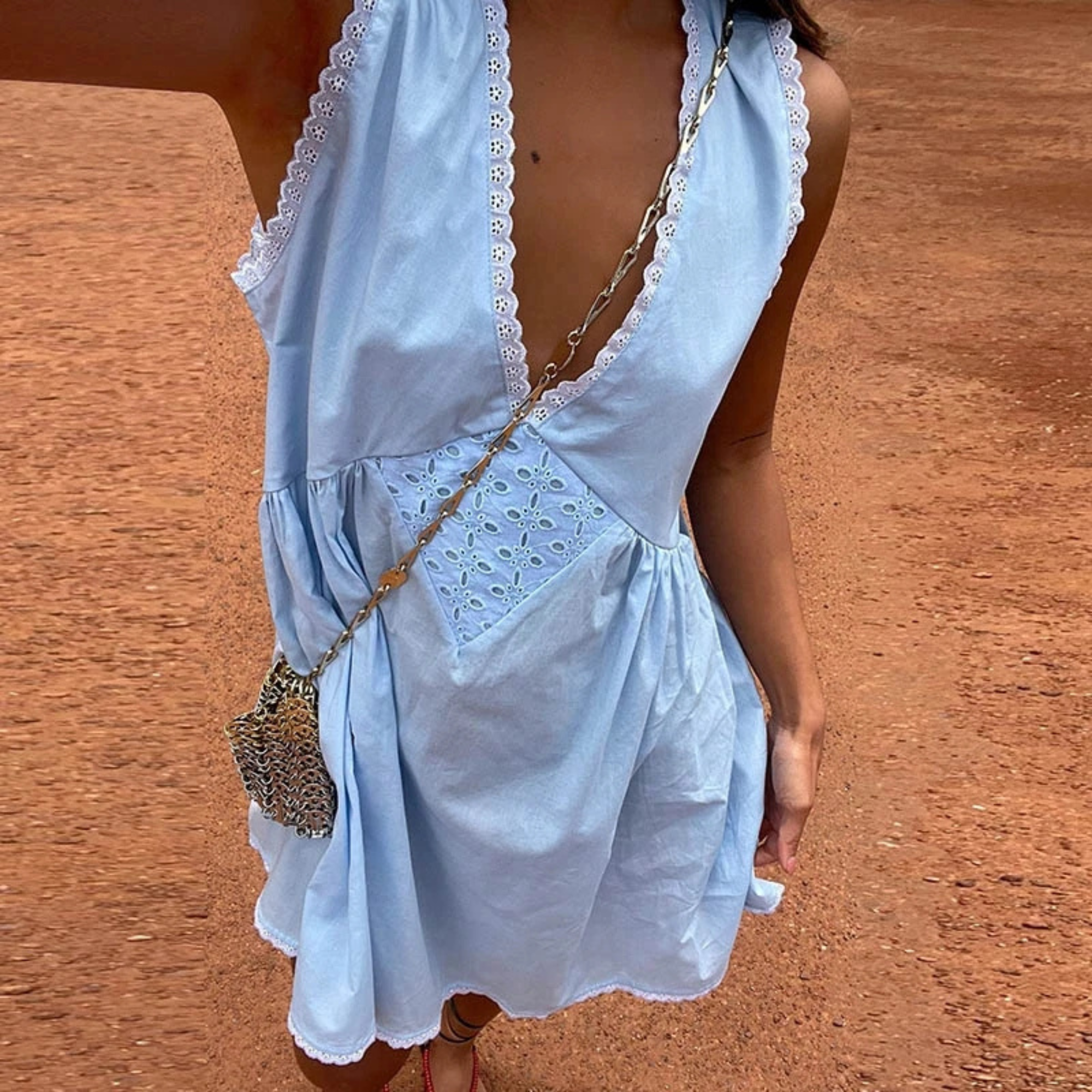 A Line Mini Flowy Dress With Lace Trim Vintage Detail For Women