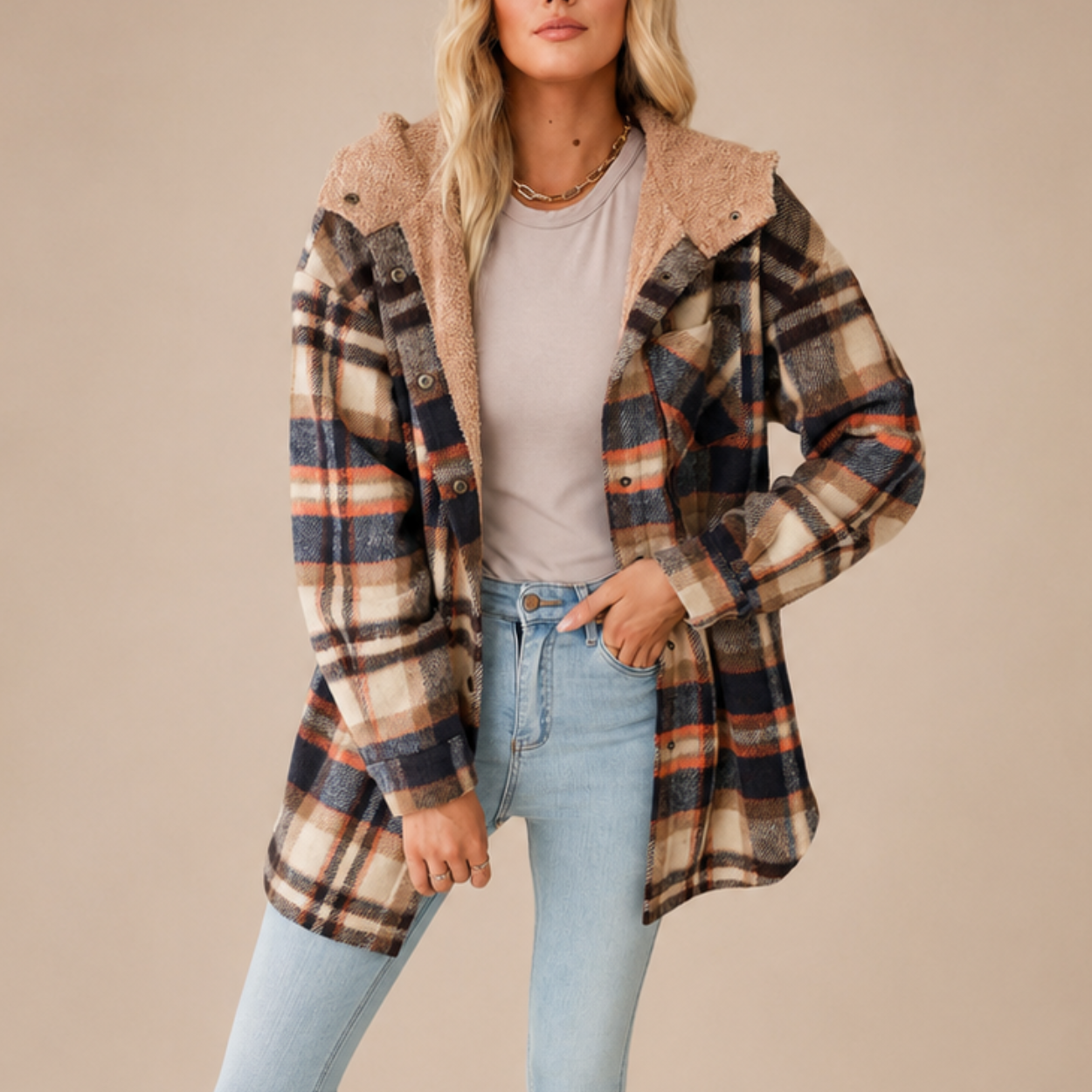 Casual Button Down Plaid Fleece Jacket With Hood For Women