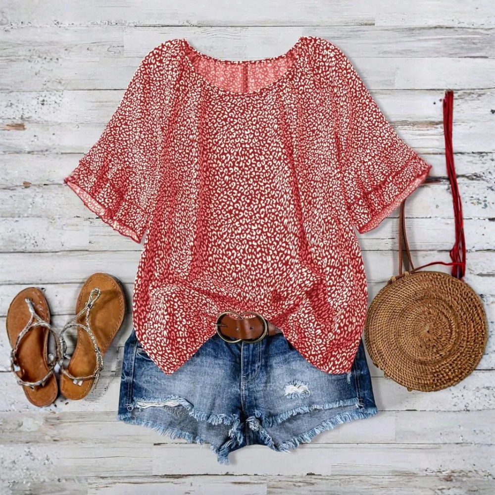 All Over Print Ruffle Layered Short Sleeve Woven Blouse Top For Women