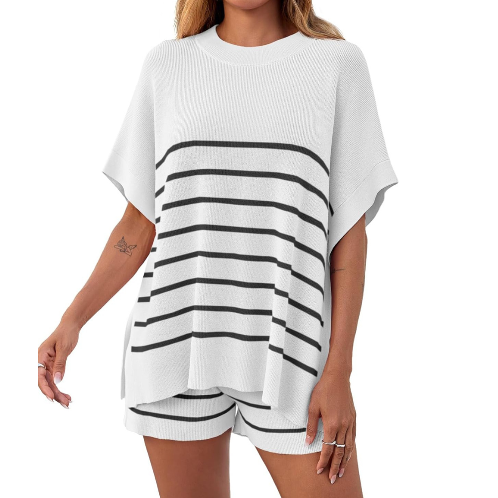 Striped Knit Top And Shorts Set For Women
