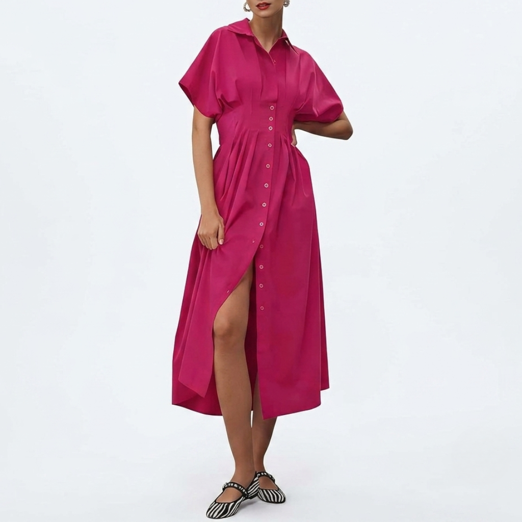 Casual Short Sleeve Button Down Loose Fit Pleated Maxi Sundress With Pockets For Women