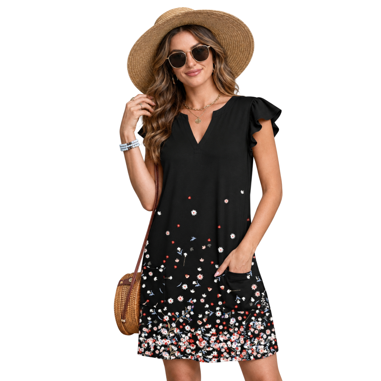 Casual Ruffle Sleeve Swing Dress With Pockets For Women