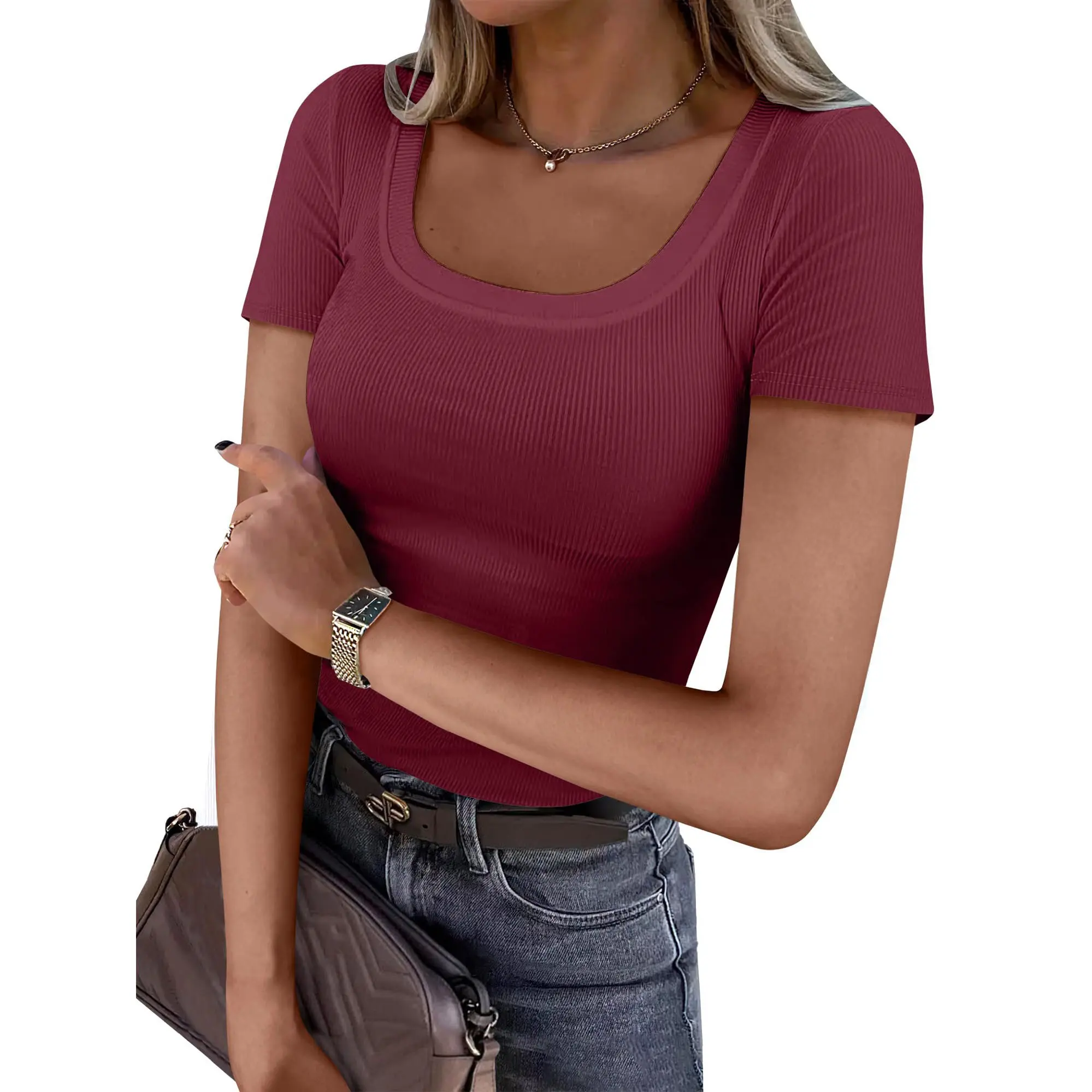 Short Sleeve Summer Trendy Casual Ribbed Knit Slim Fitted Basic  Minimalist Blouse Top