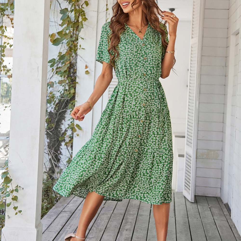 V-Neck Waist Belt Floral Print Maxi Dress-My Comfy Blouse