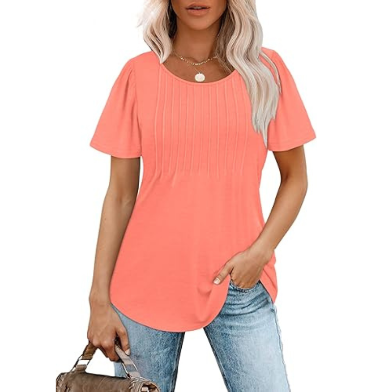 Pleated Casual Top With Scoop Short Sleeve Summer Blouse-My Comfy Blouse