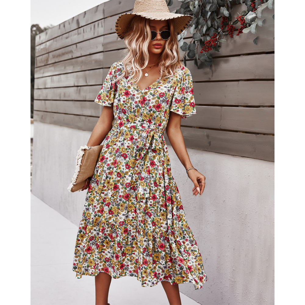 Women Floral Short Sleeve Printed Dress-My Comfy Blouse