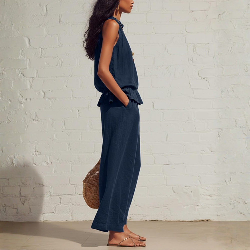 Linen Sleeveless Ruffle Top Pants Set