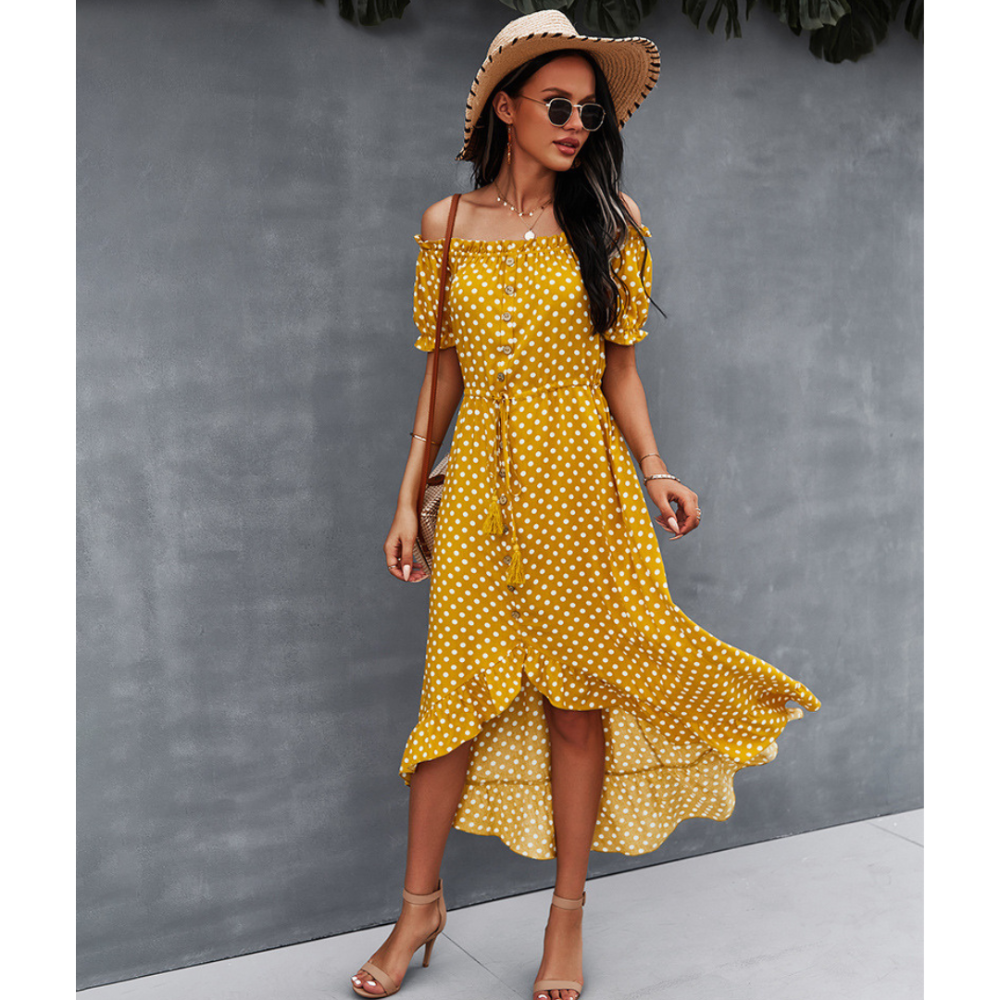 Off-Shoulder Polka Dot High Low Ruffle Hem Dress-My Comfy Blouse