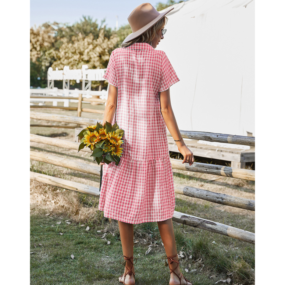 Women Buttoned Gingham Summer Dress-My Comfy Blouse