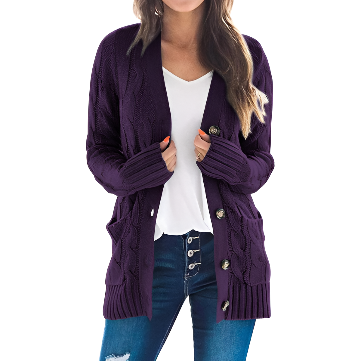 Cable Knit Button Front Open Cardigan