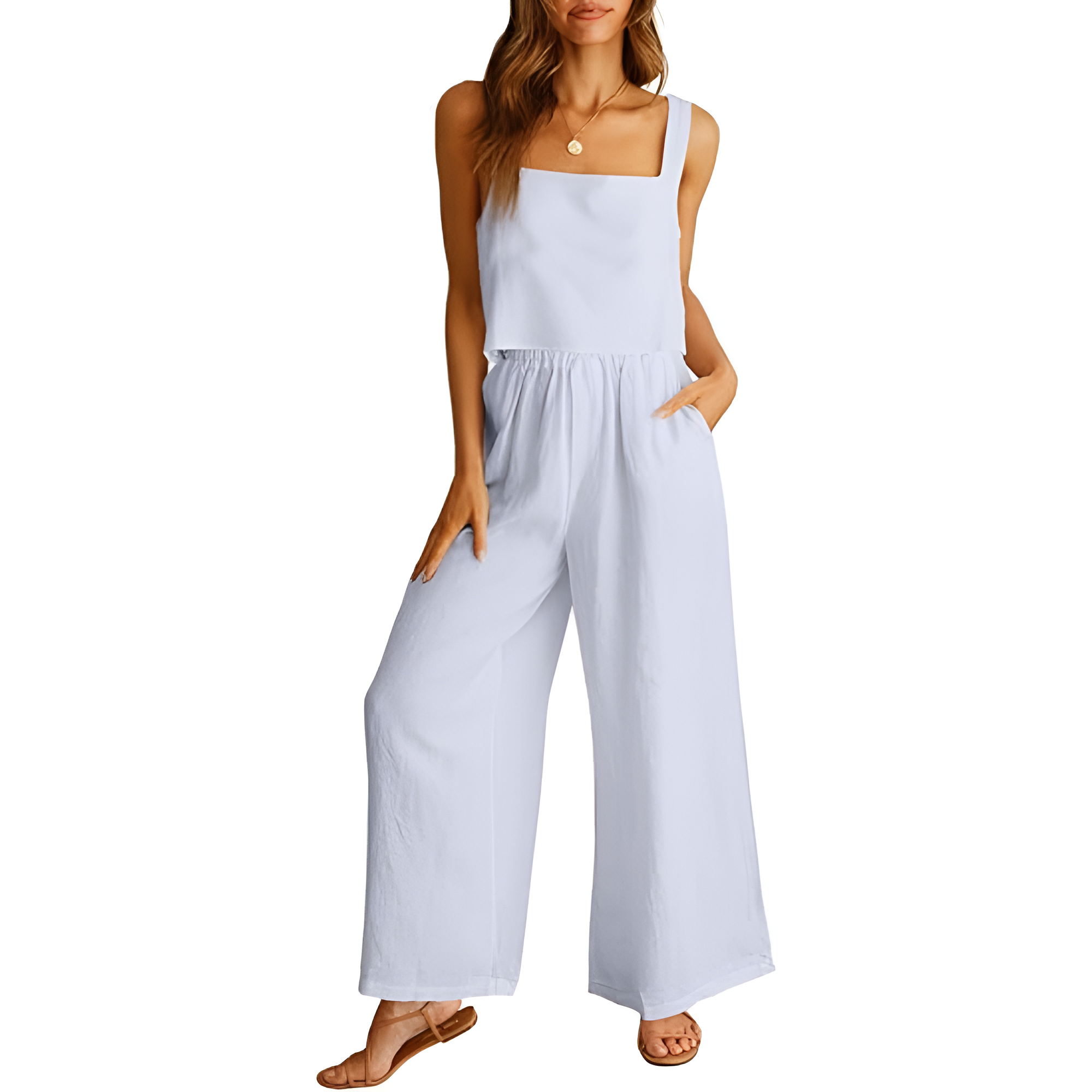 2 Piece Linen Pants Jumpsuit Matching Lounge Set For Women