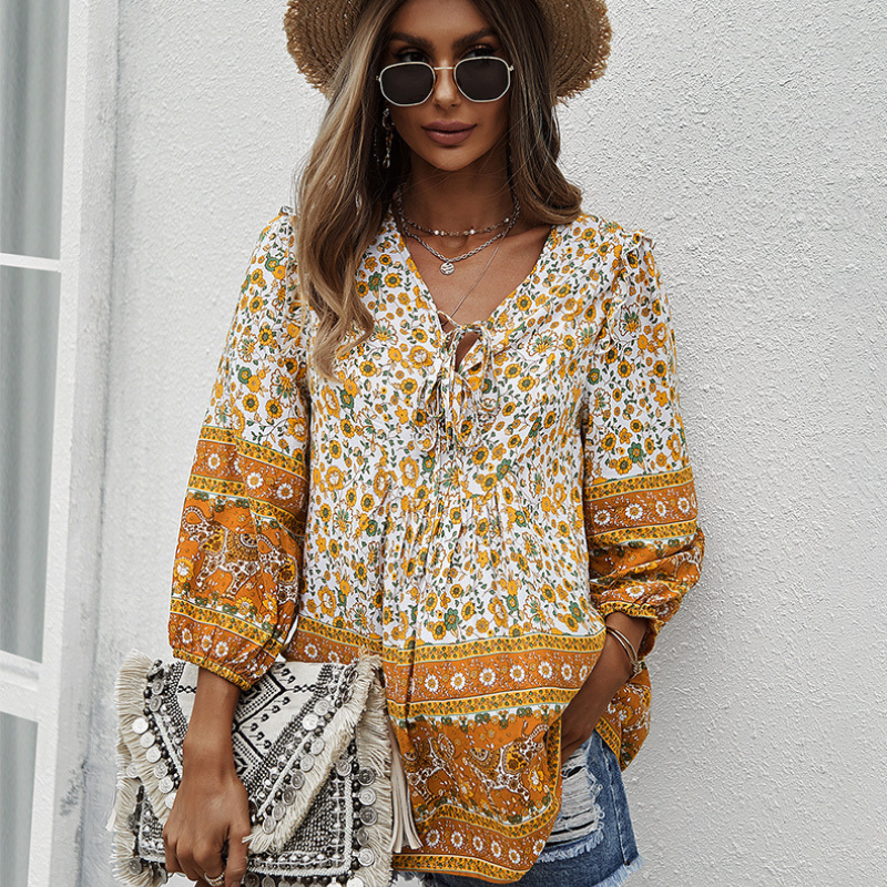 Traditional Print Front Strip Tie Blouse-My Comfy Blouse