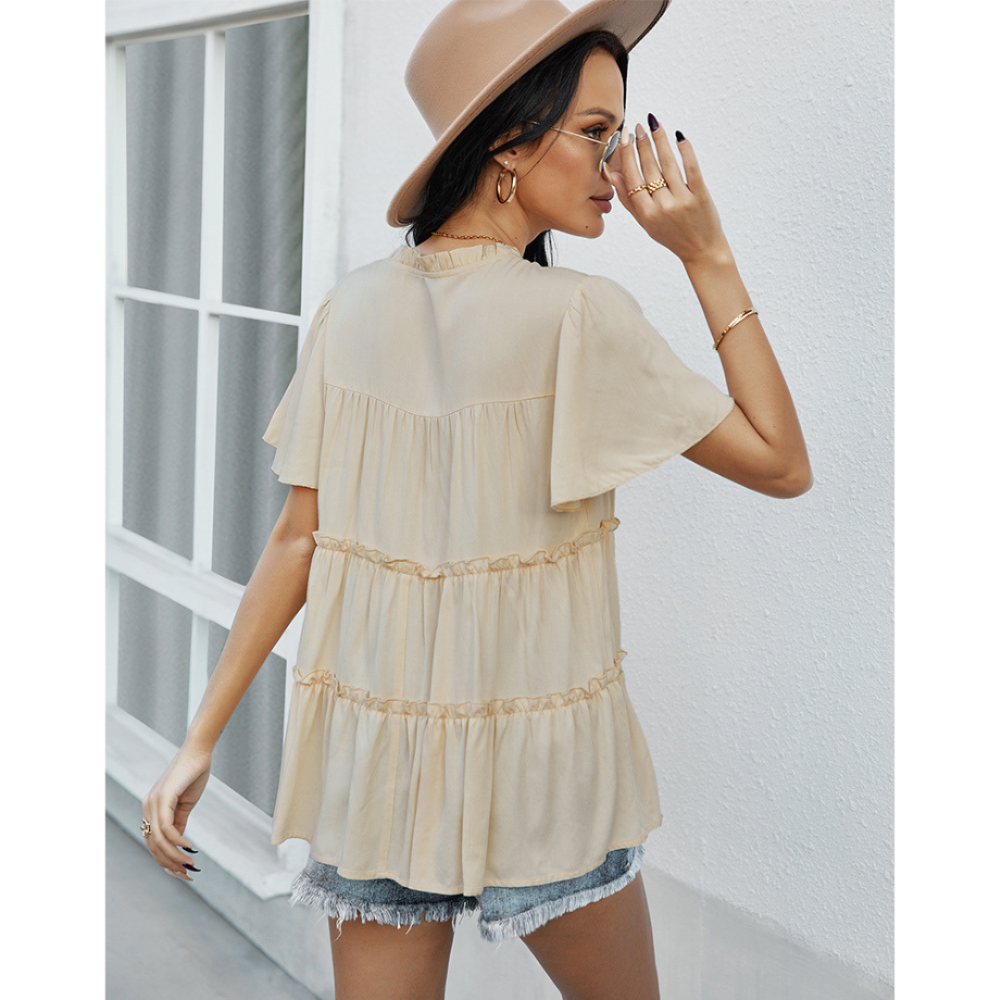 Frill Trim Tassel Tie Flutter Sleeve Top-My Comfy Blouse