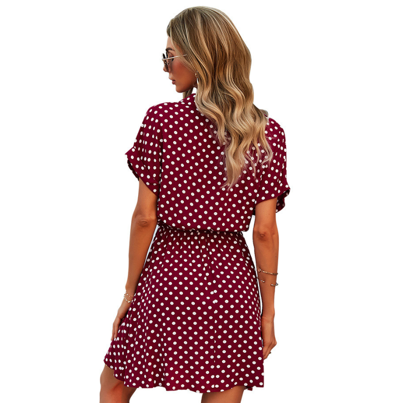 Polka Dots Knee Length Waist Belt Tie Dress-My Comfy Blouse