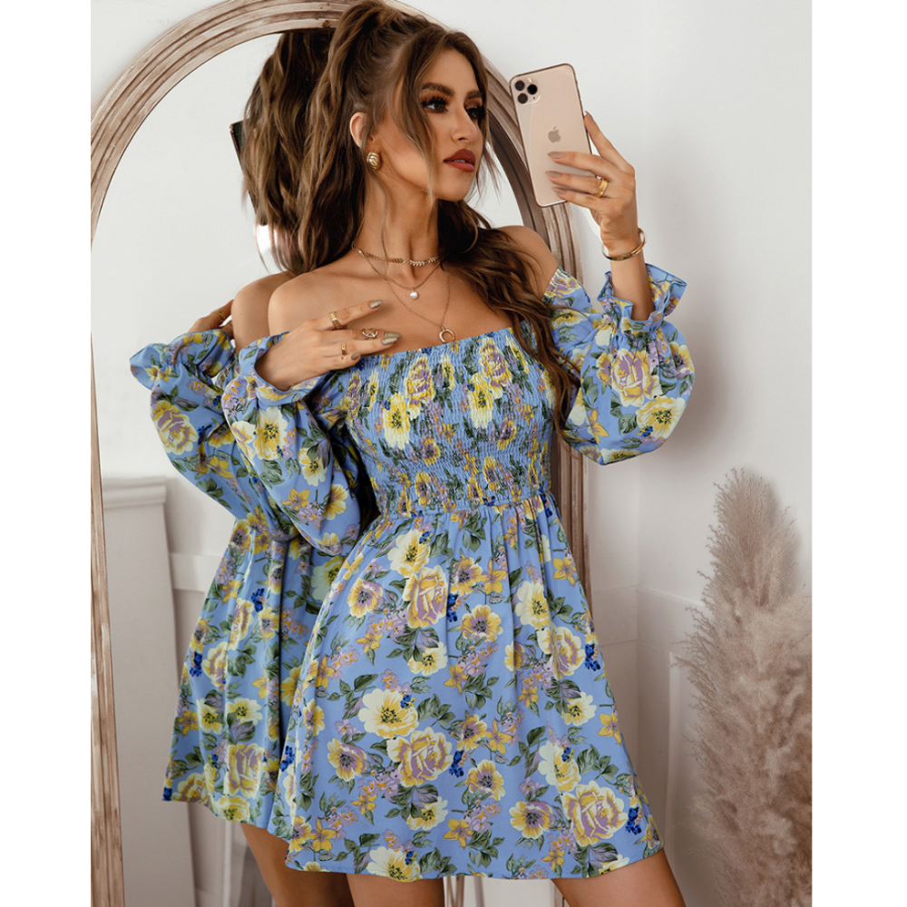 Floral Print Shirred Flounce Sleeve Dress-My Comfy Blouse
