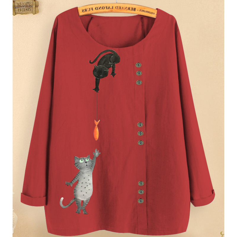 Cute Cat Print Full Sleeves Blouse-My Comfy Blouse