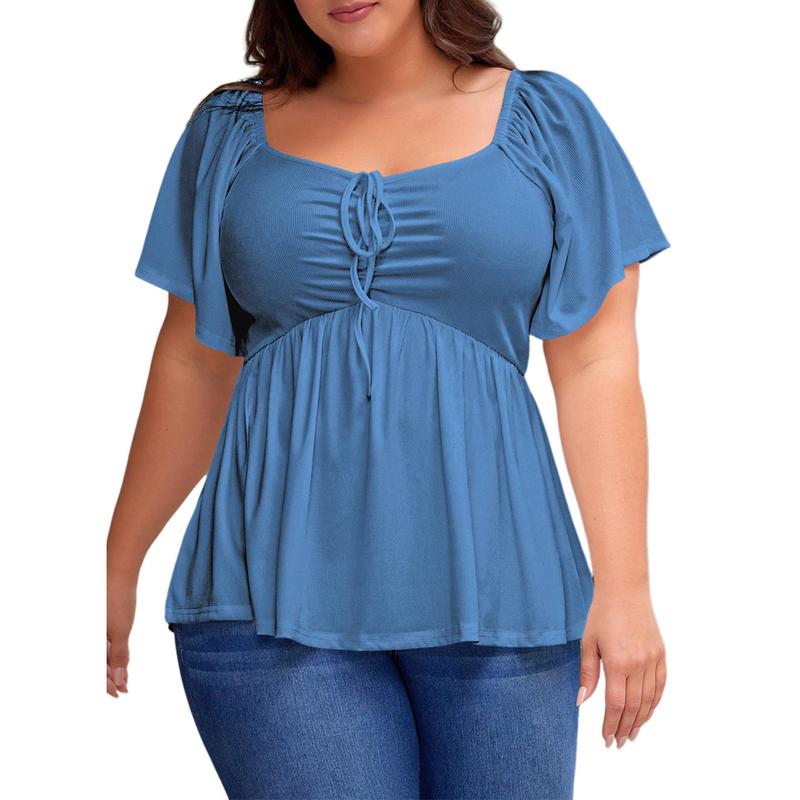 Plus Size Short Sleeves Shirred Peplum Blouse Top For Women