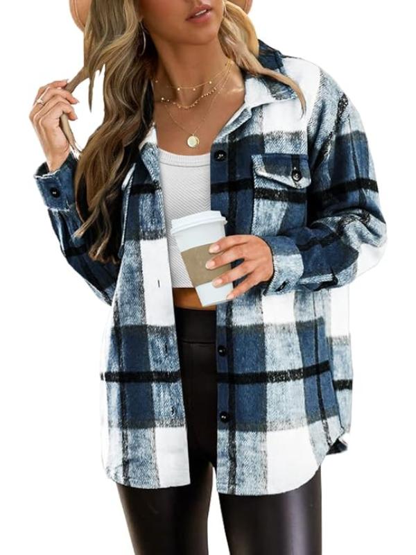 Women Plaid Pattern Button Down Jacket-My Comfy Blouse