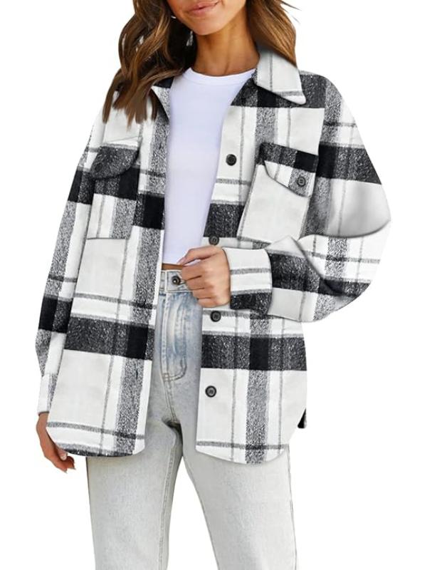 Women Plaid Pattern Jacket With Collared Design-My Comfy Blouse