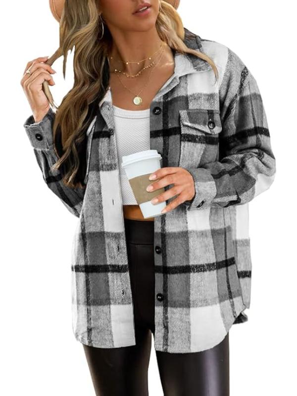 Women Plaid Pattern Button Down Jacket-My Comfy Blouse