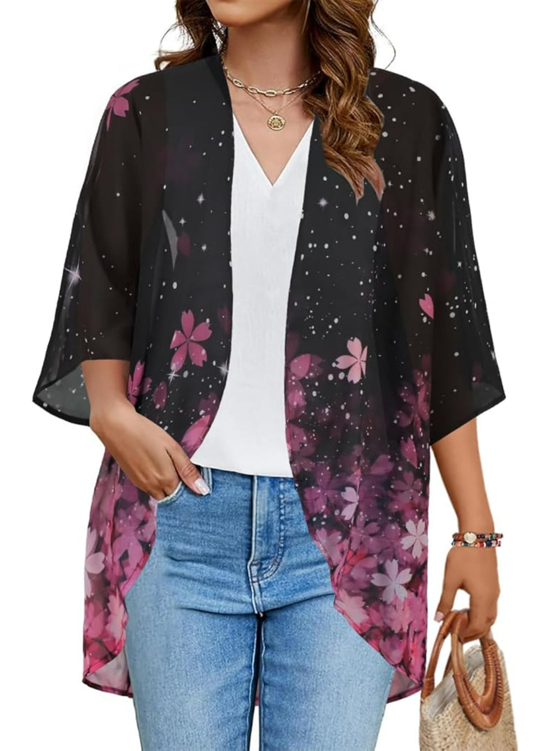 Loose Floral Kimono Cover With Sheer Chiffon Lightweight Fabric-My Comfy Blouse