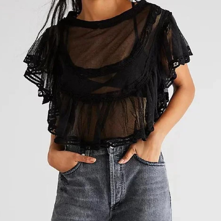 Flowy Ruffle Design Sheer Blouse With Lace Detail For Women