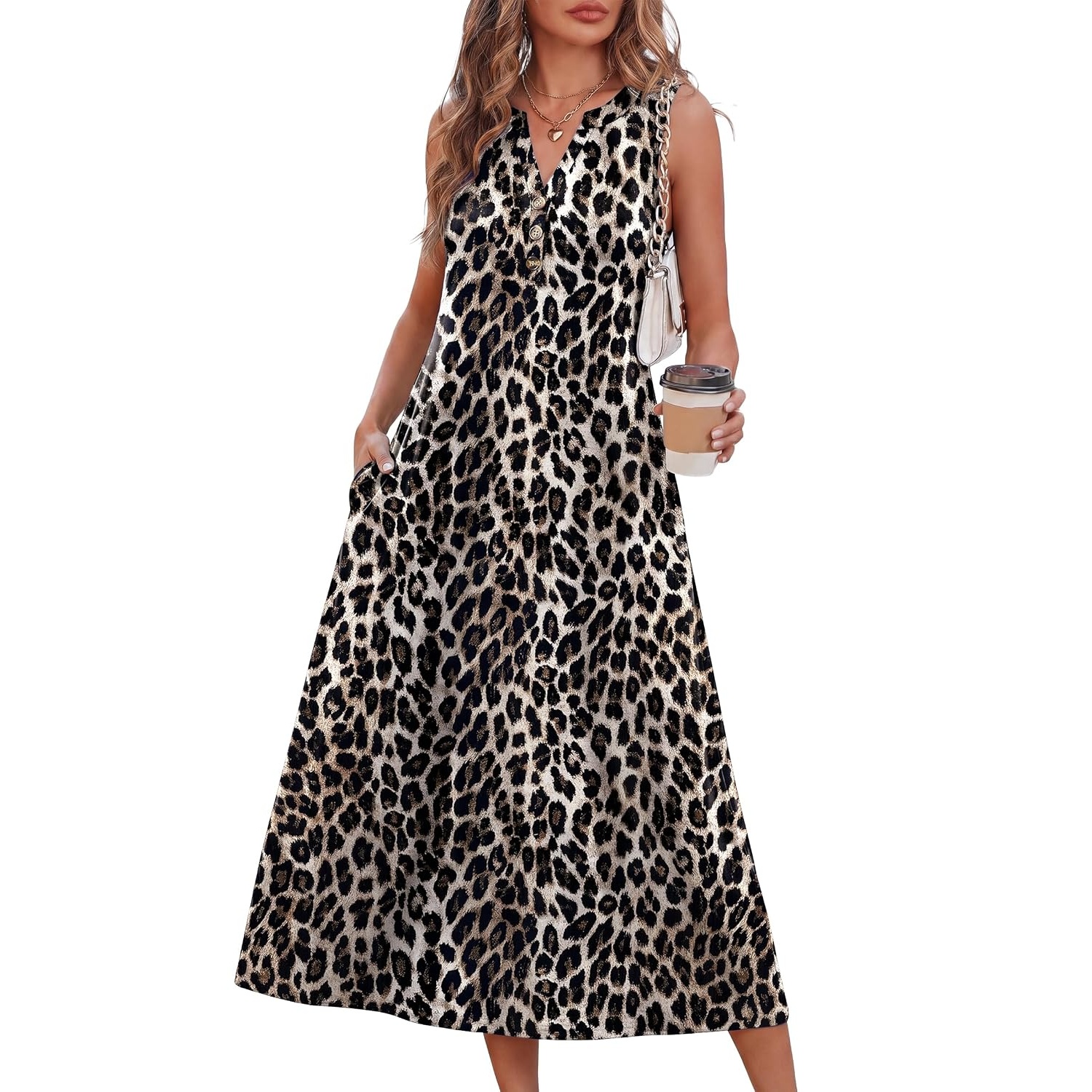 Sleeveless Button Front Midi Dress With Pockets
