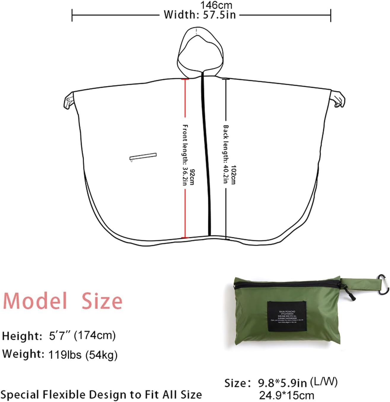 Waterproof Hooded Rain Poncho Jacket with Pocket for Adults