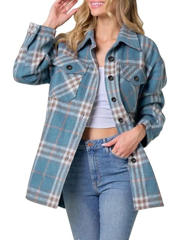 Women Plaid Pattern Button Down Jacket-My Comfy Blouse